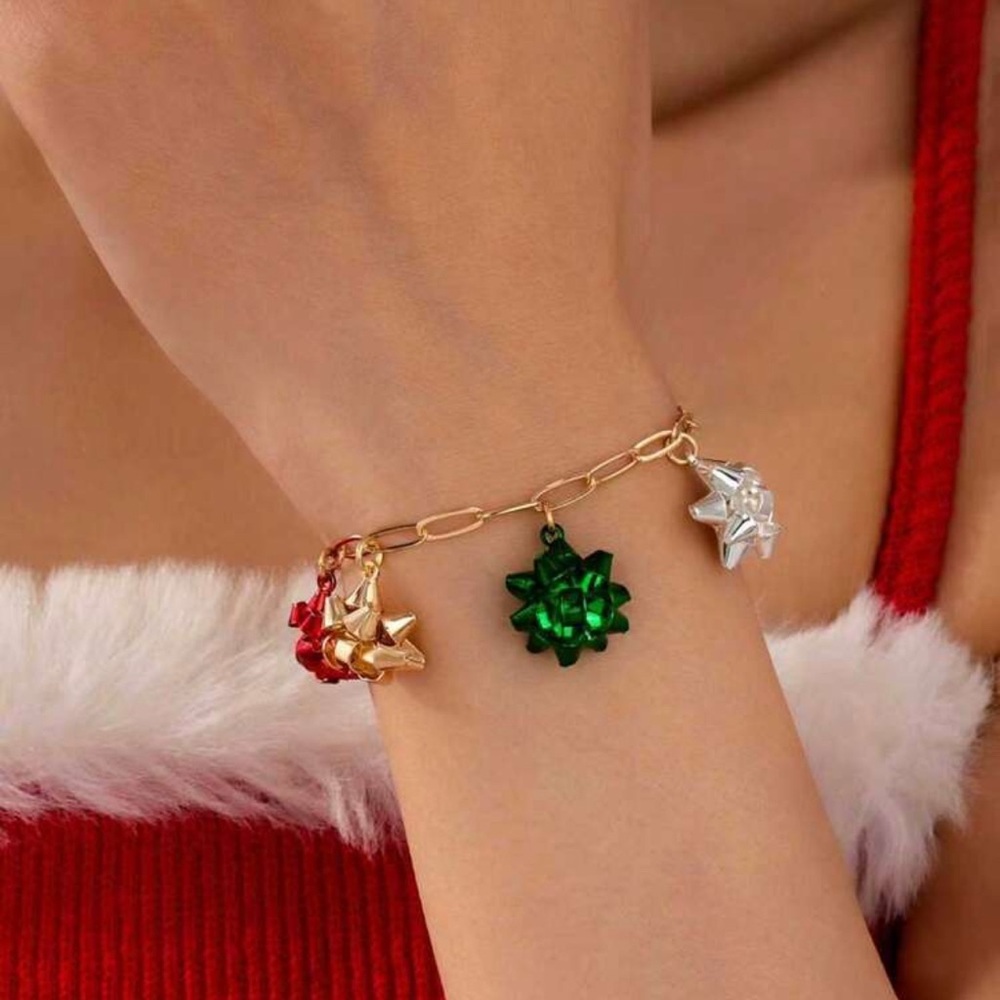 Festive Gold Bracelet with Red, Green, and Silver Charms